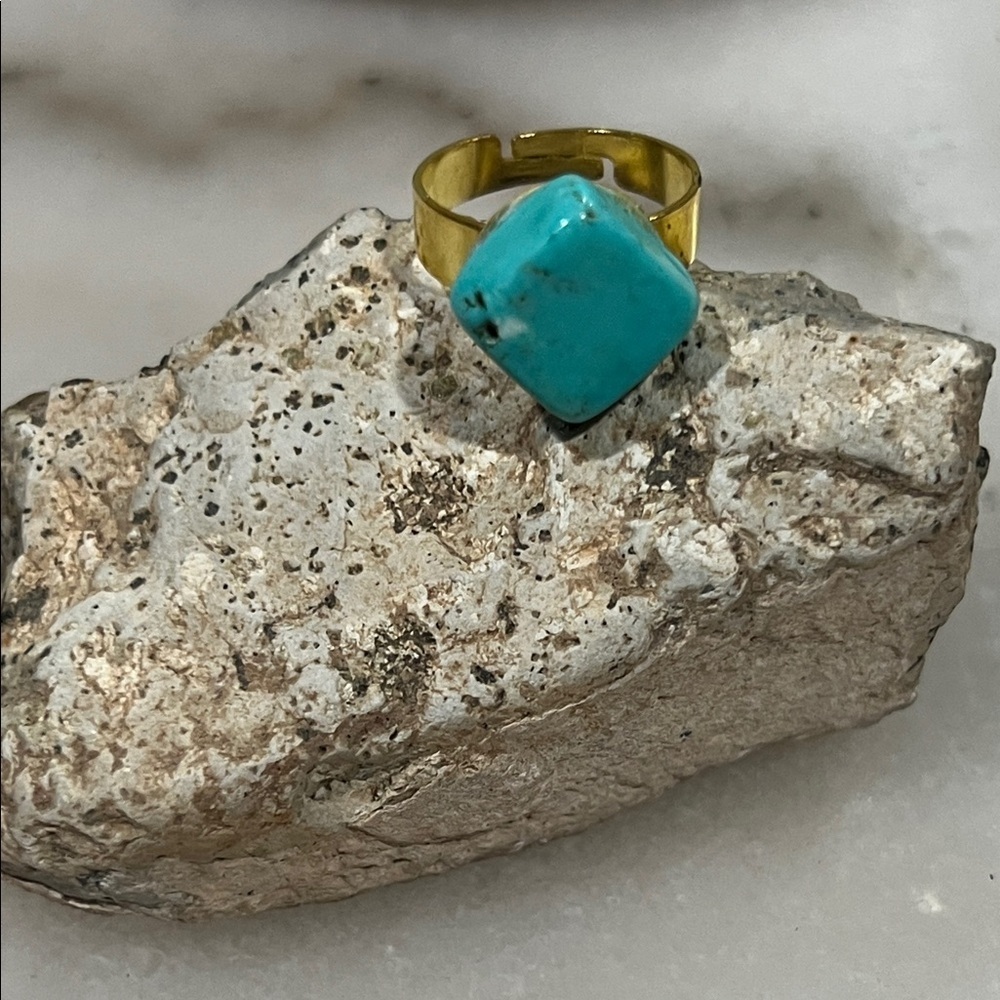Turquoise Gemstone Ring Adjustable Gold Tone Boho Western Ring